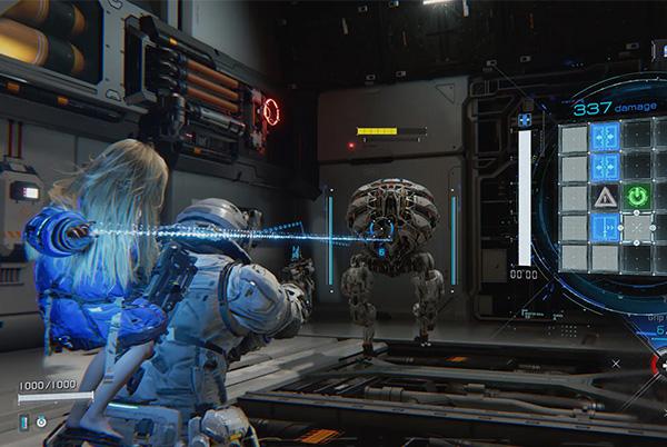 a video game with a woman in a robot suit holding a gun