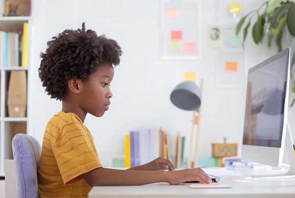 a young boy sitting at a desk using a computer