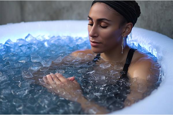a woman sitting in a large tub of ice water with a light on