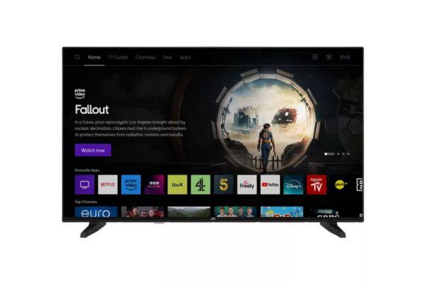 a JVC LT-43CT650 43" TV showing its main menu and streaming apps