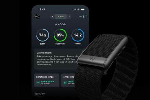 A WHOOP fitness tracker and screenshot of the WHOOP app