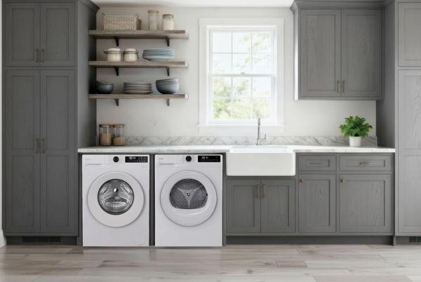 a laundry room with gray cabinets and a Candy Quick Pro washing machine
