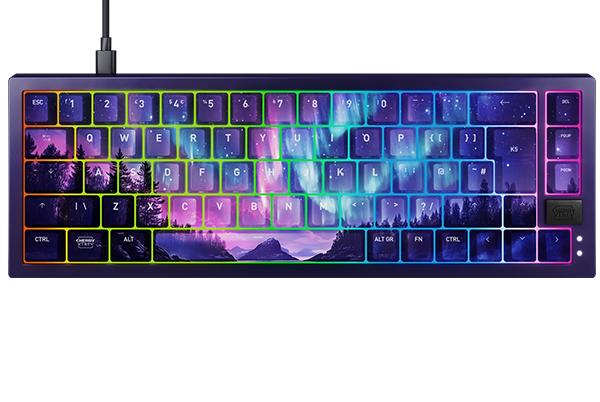 a colorful keyboard with a rainbow background and a purple light