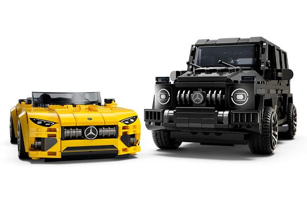 two lego cars are shown next to each other on a white background