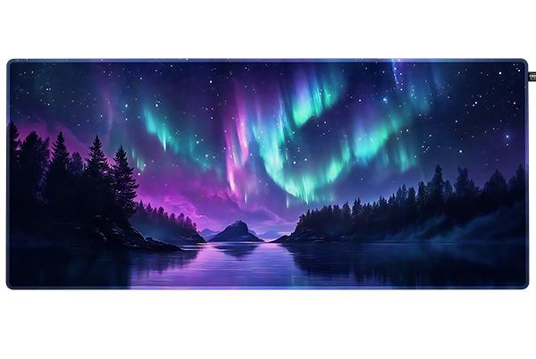 a purple aurora borealis over a lake with trees