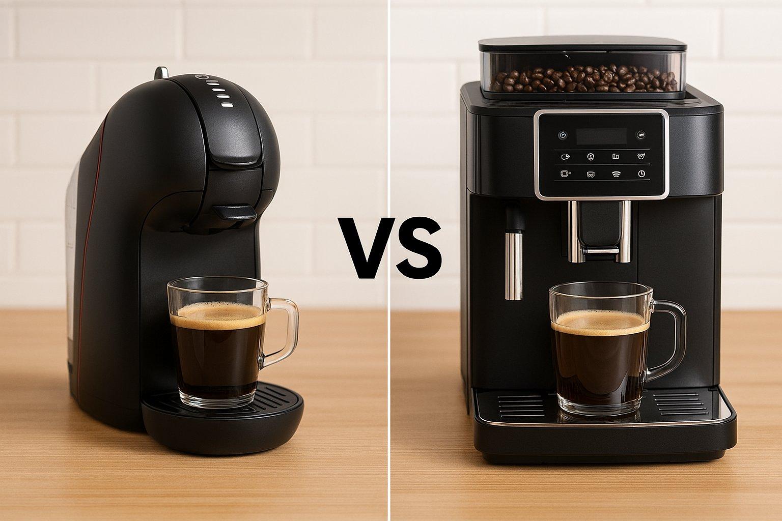 two images of a coffee machine and a cup of coffee
