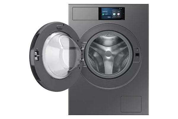 a gray washer with door open and door handle on