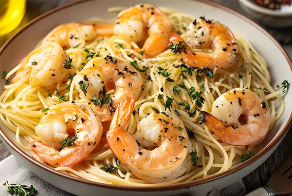 a plate of pasta with shrimp and herbs on it