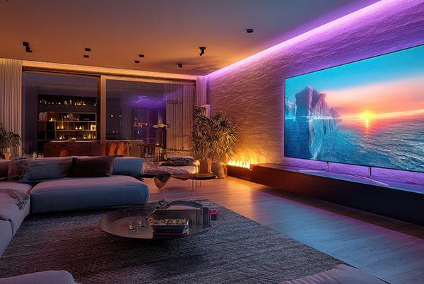 a living room with a large tv and a couch