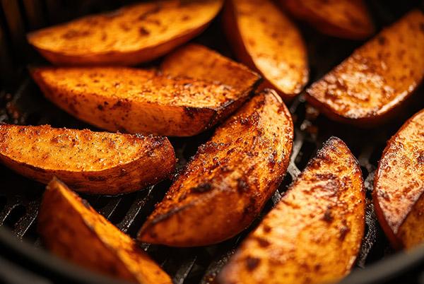 a close up of a grill with some cooked potatoes on it
