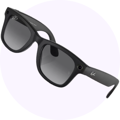 A pair of black AI glasses on a light purple circle