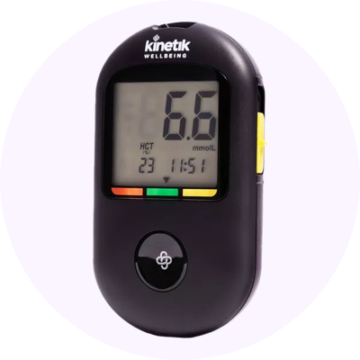 a digital blood sugar monitor with a display showing the reading