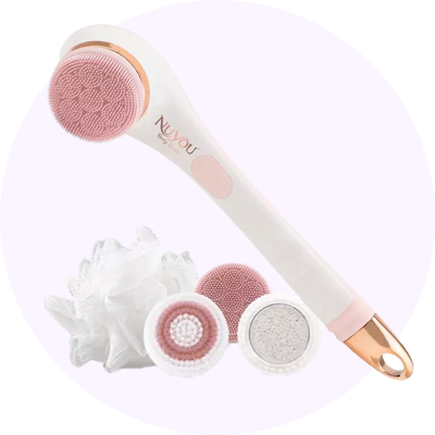 a pink and white beauty device with a brush and a sponge