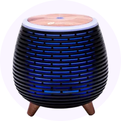 a black and blue electric diffusers with a wooden base