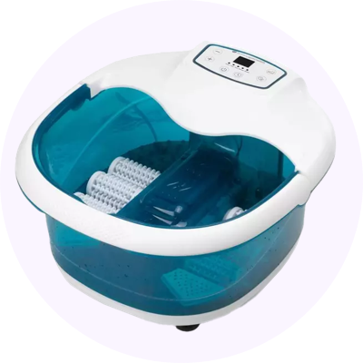a blue and white foot bath with a water dispenser