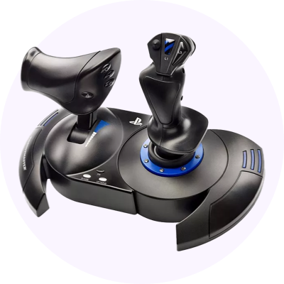 a joystick and throttle are shown in a circle on a white background