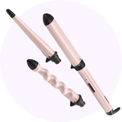 a black and gold curling iron with a round handle