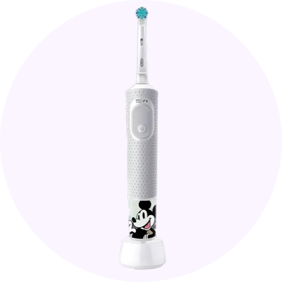 a white toothbrush with a mickey mouse design on the handle