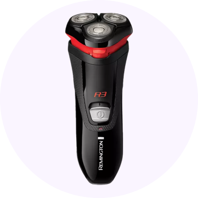 a black electric shaver with red accents on the side
