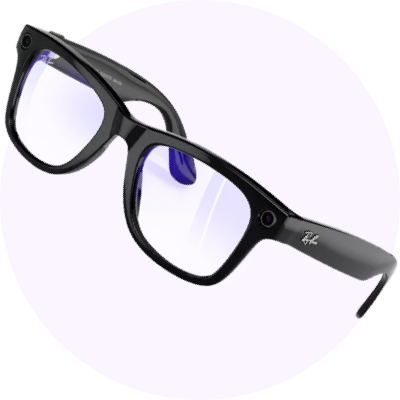 A pair of black AI glasses on a light purple circle