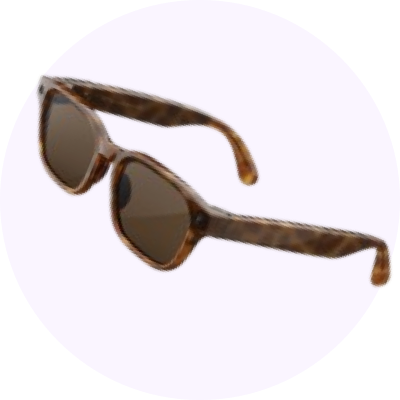 A pair of brown AI glasses on a light purple circle