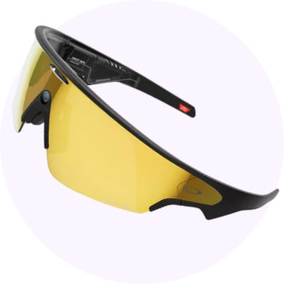 A pair of black AI glasses on a light purple circle