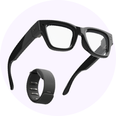 A pair of black AI glasses on a light purple circle