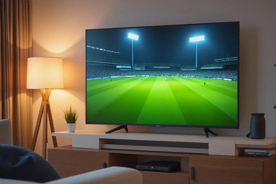 A large TV on a shelf with a football game on the screen
