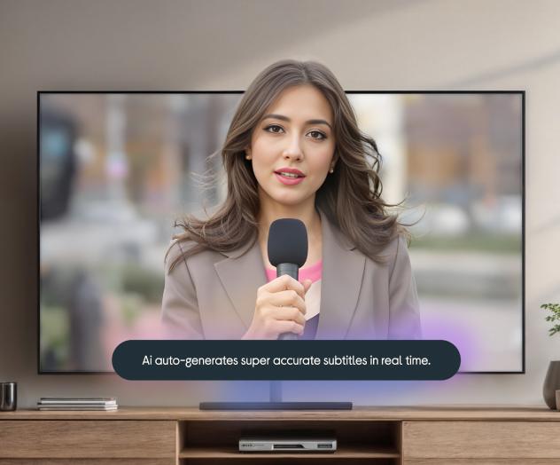 Awoman on a TV screen holding a microphone with subtitles displayed