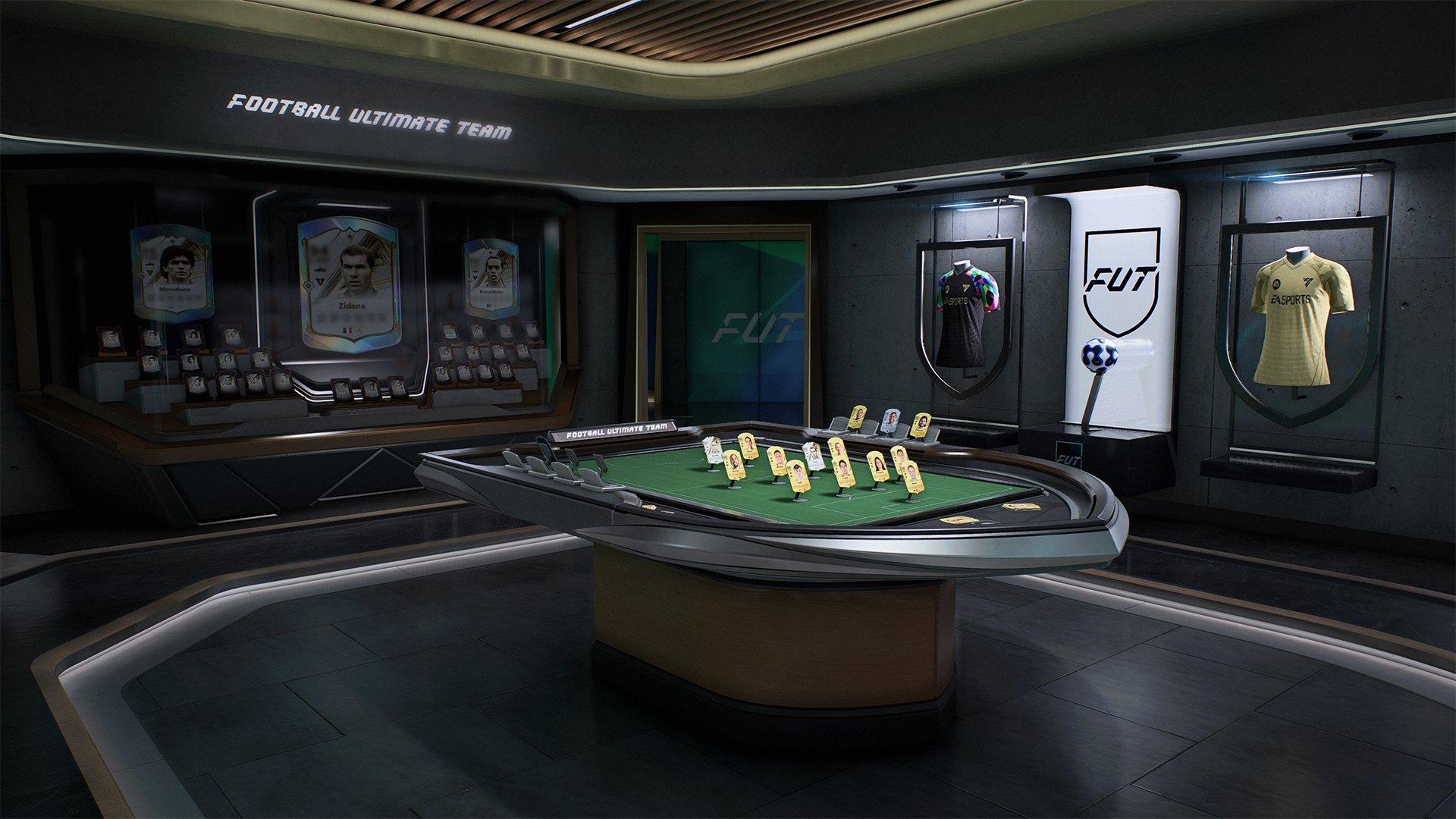 A large table with a model of a football pitch on it with player cards on top