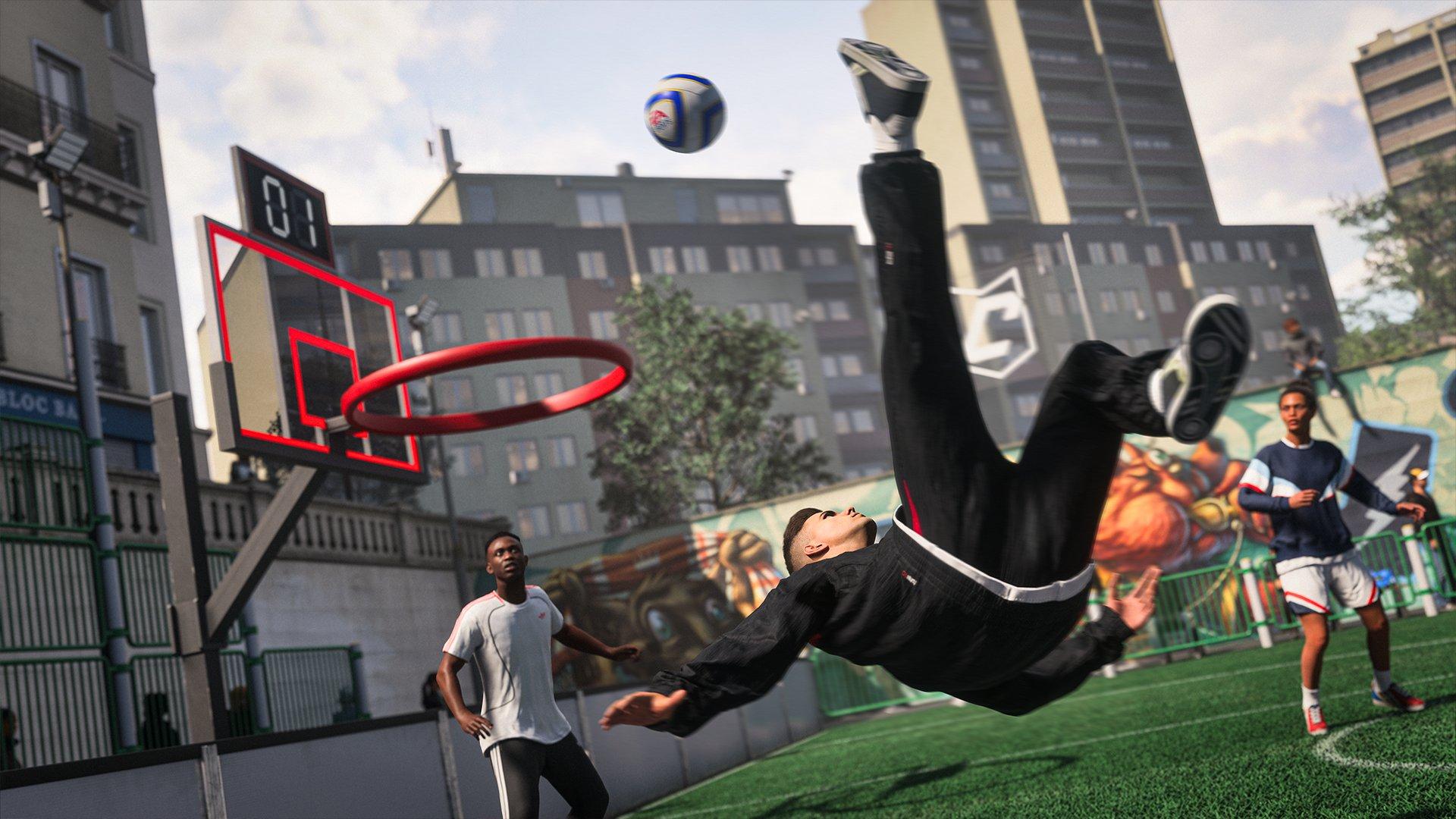 A person is jumping in the air to kick a football towards a basketball hoop