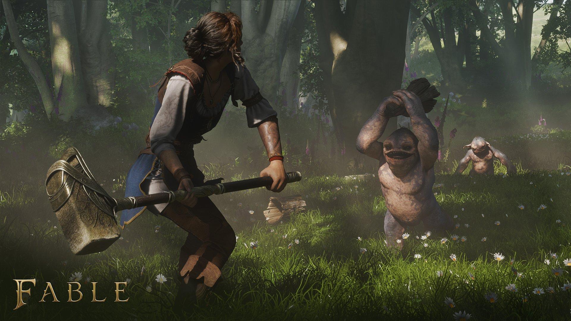 A person is holding a huge hammer, about to swing it at a short creature