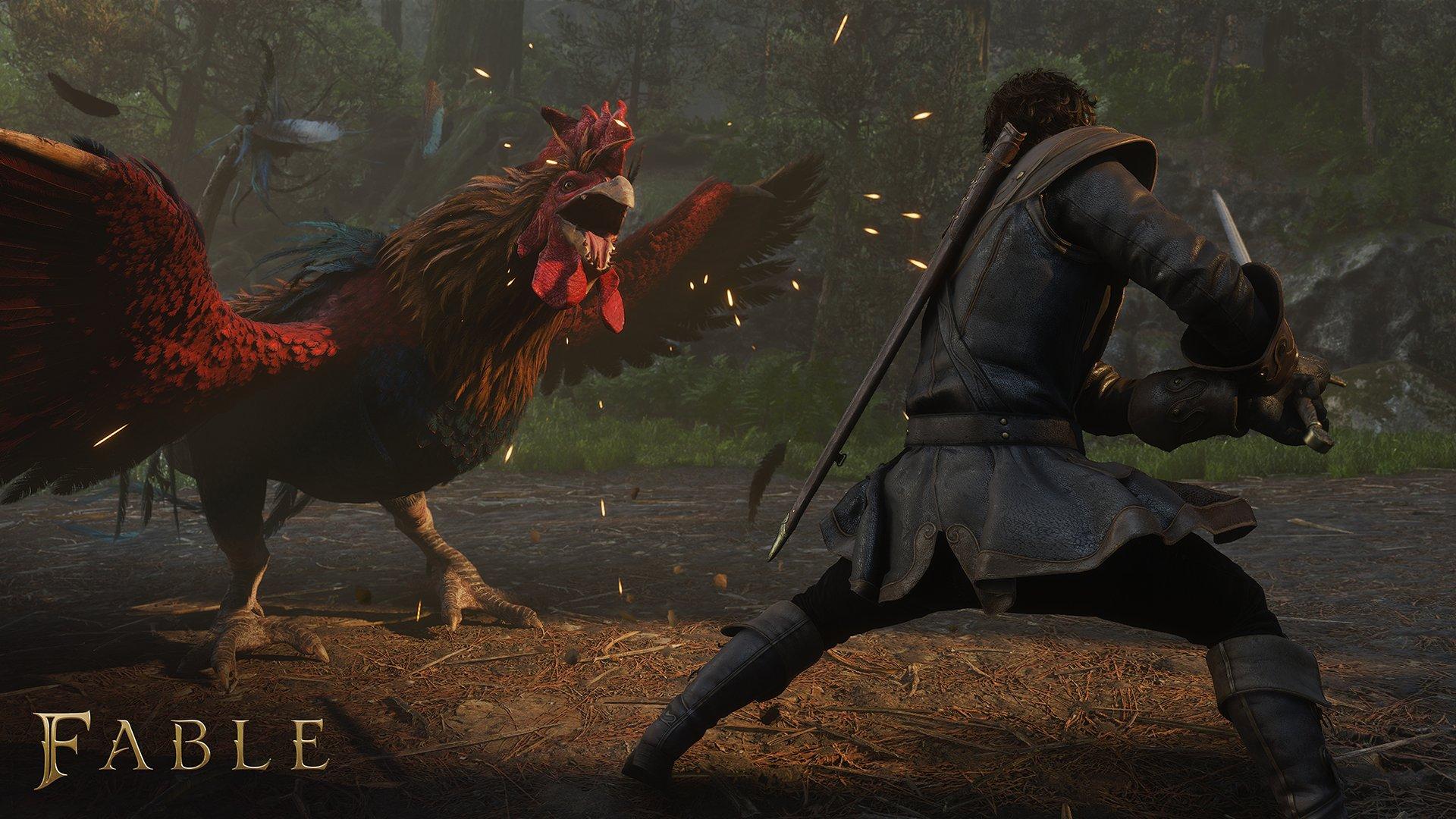 A man-sized cockerel screeching at a person holding a sword