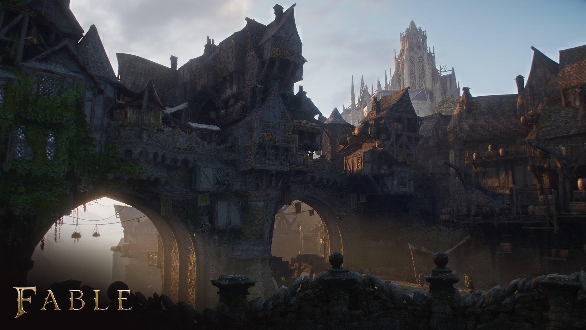 A medieval town with a castle in the background