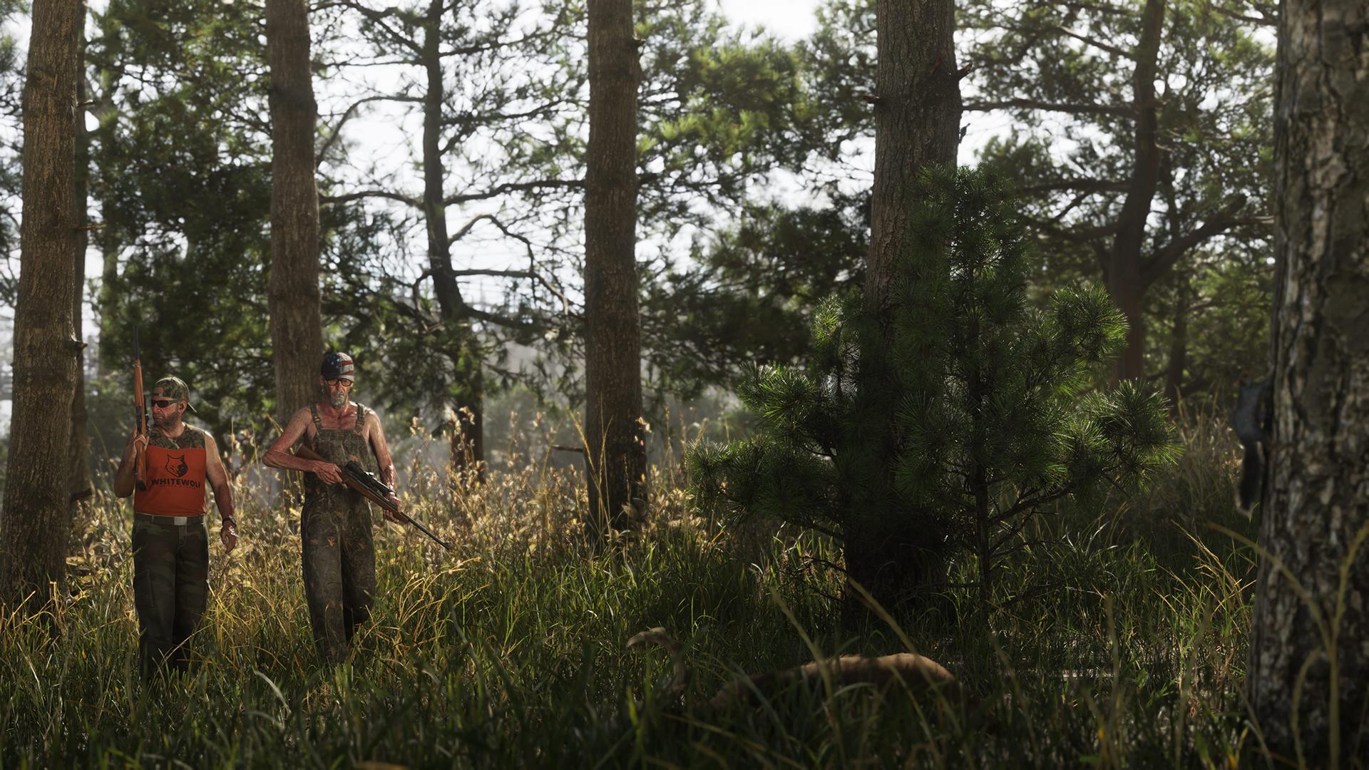 Grand Theft Auto VI screenshot of two men wearing camo gear in a forest holding guns