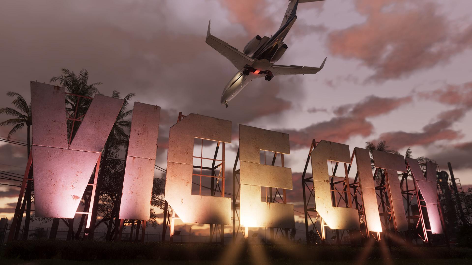 Grand Theft Auto VI screenshot of a plane over VICE CITY city sign