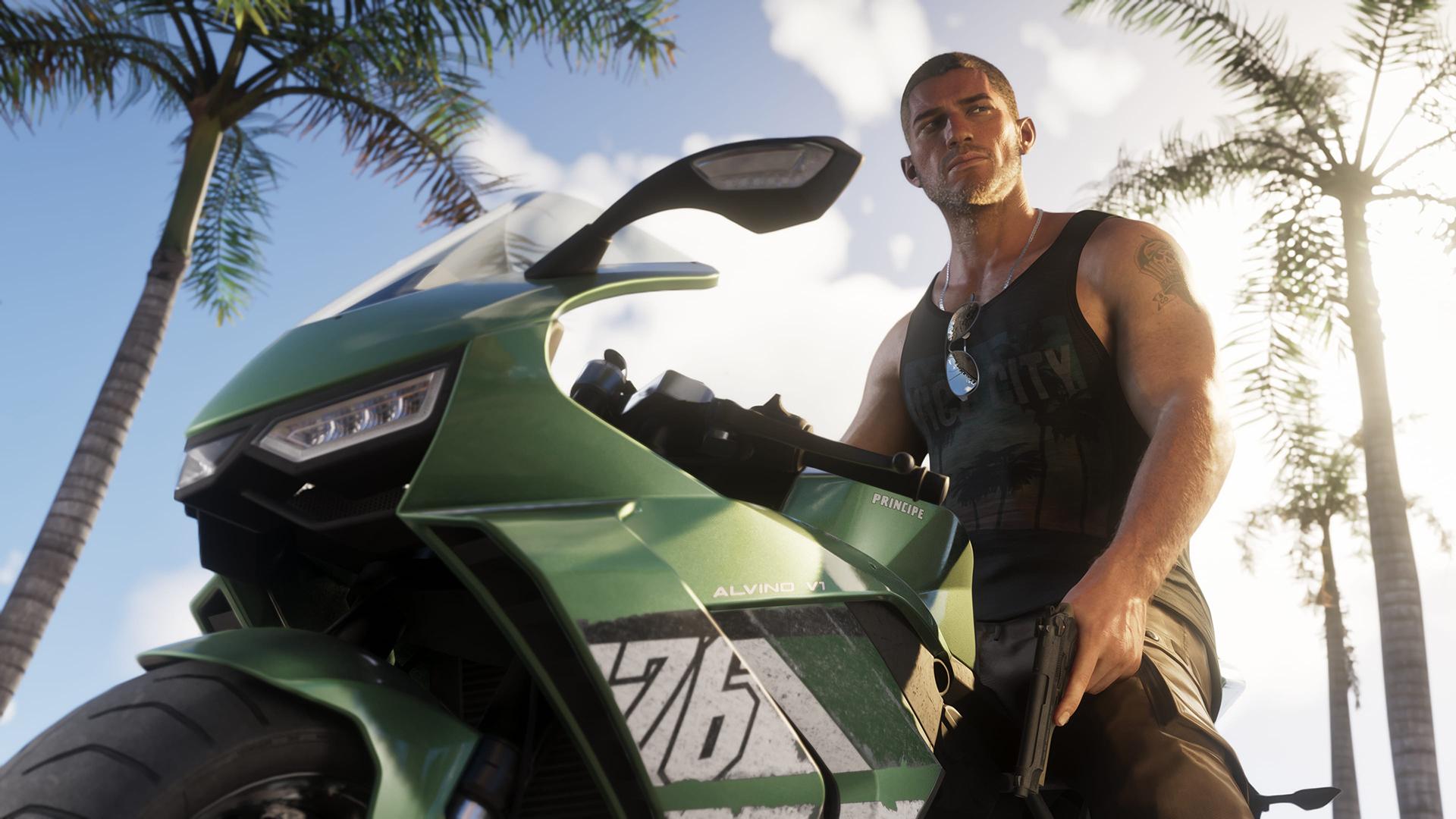 Grand Theft Auto VI screenshot of a man on a static motorbike in front of some palm trees