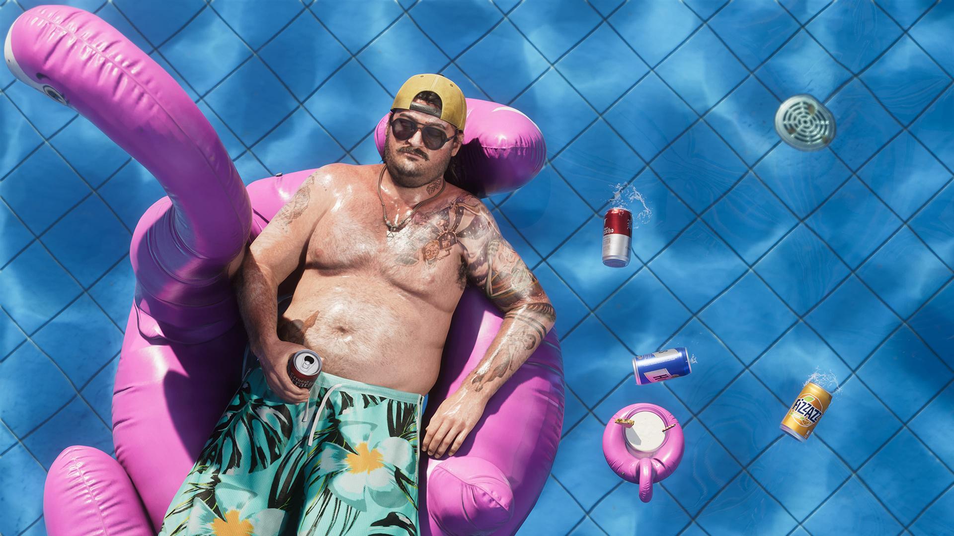 Grand Theft Auto VI screenshot of a man lying on an inflatable flamingo in a swimming pool