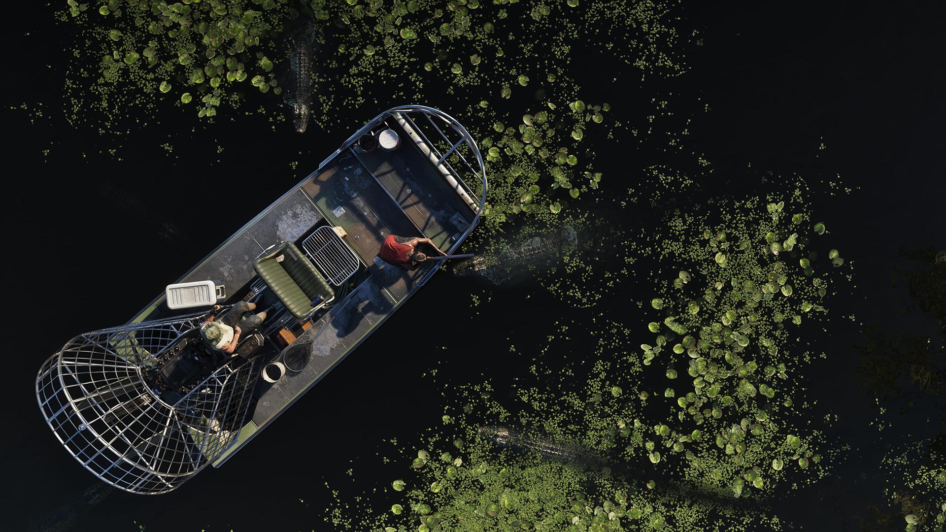 Grand Theft Auto VI screenshot of an airboat on a river with two men in it next to an alligator
