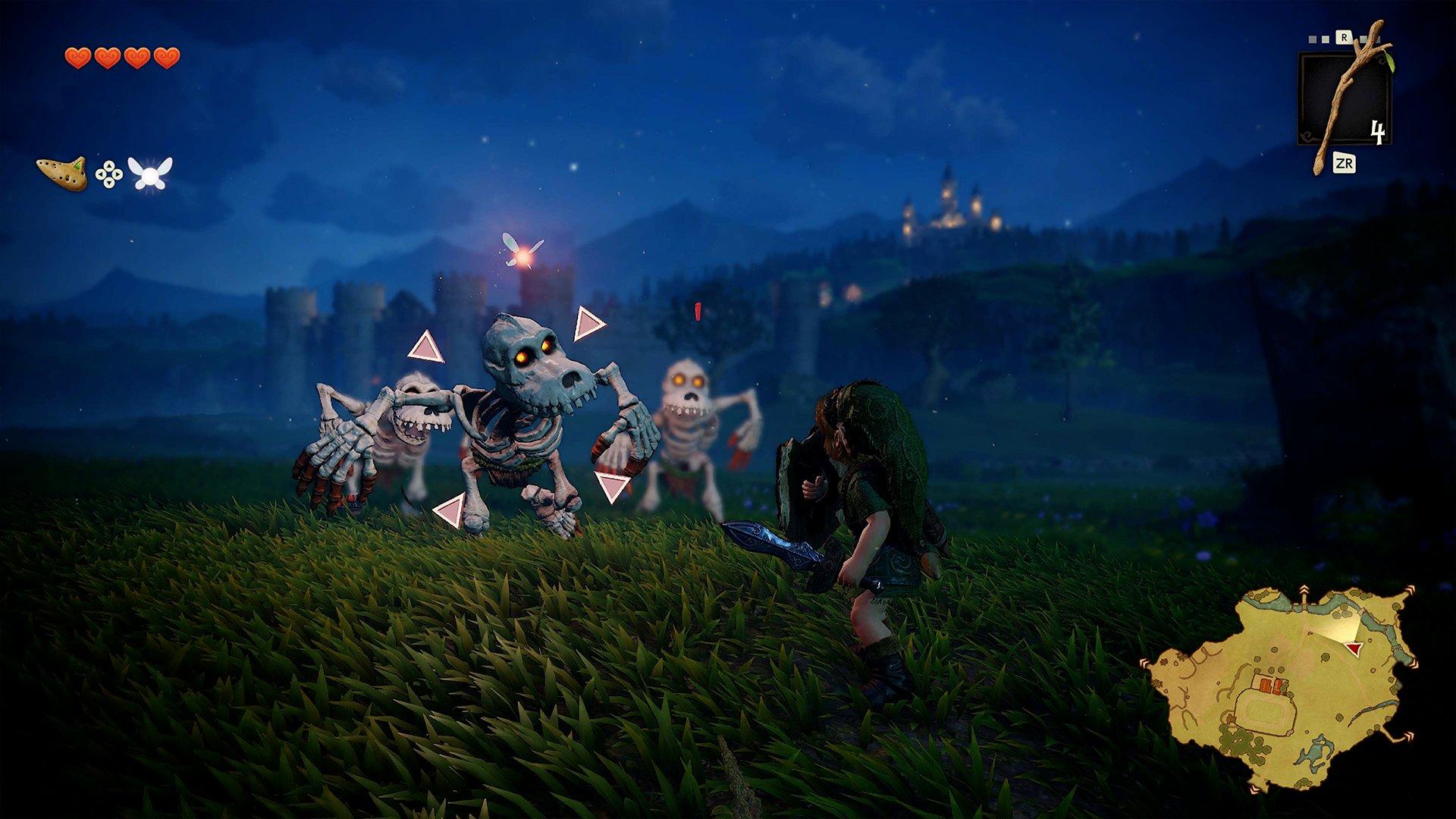 Link from Zelda poised to fight three skeletons with a map and health stats overlaid on the screen