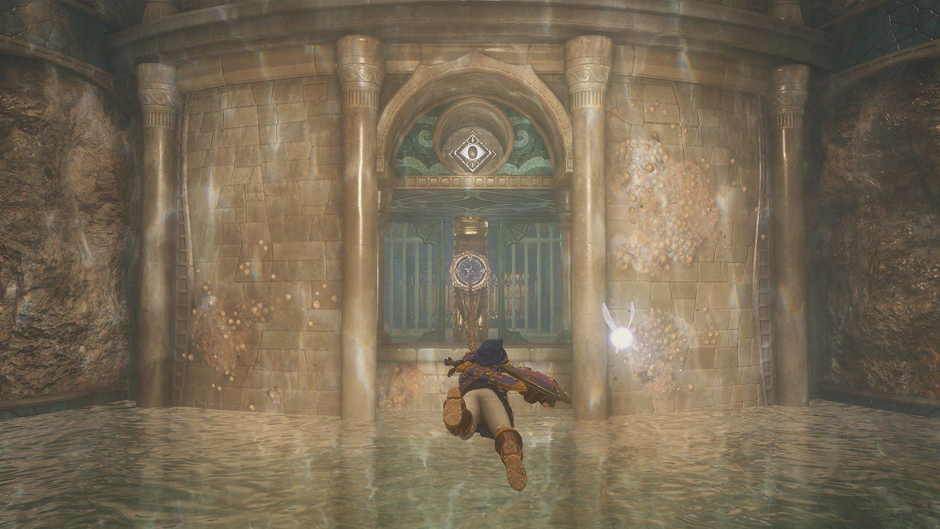 Link from Zelda swimming inside a building 
