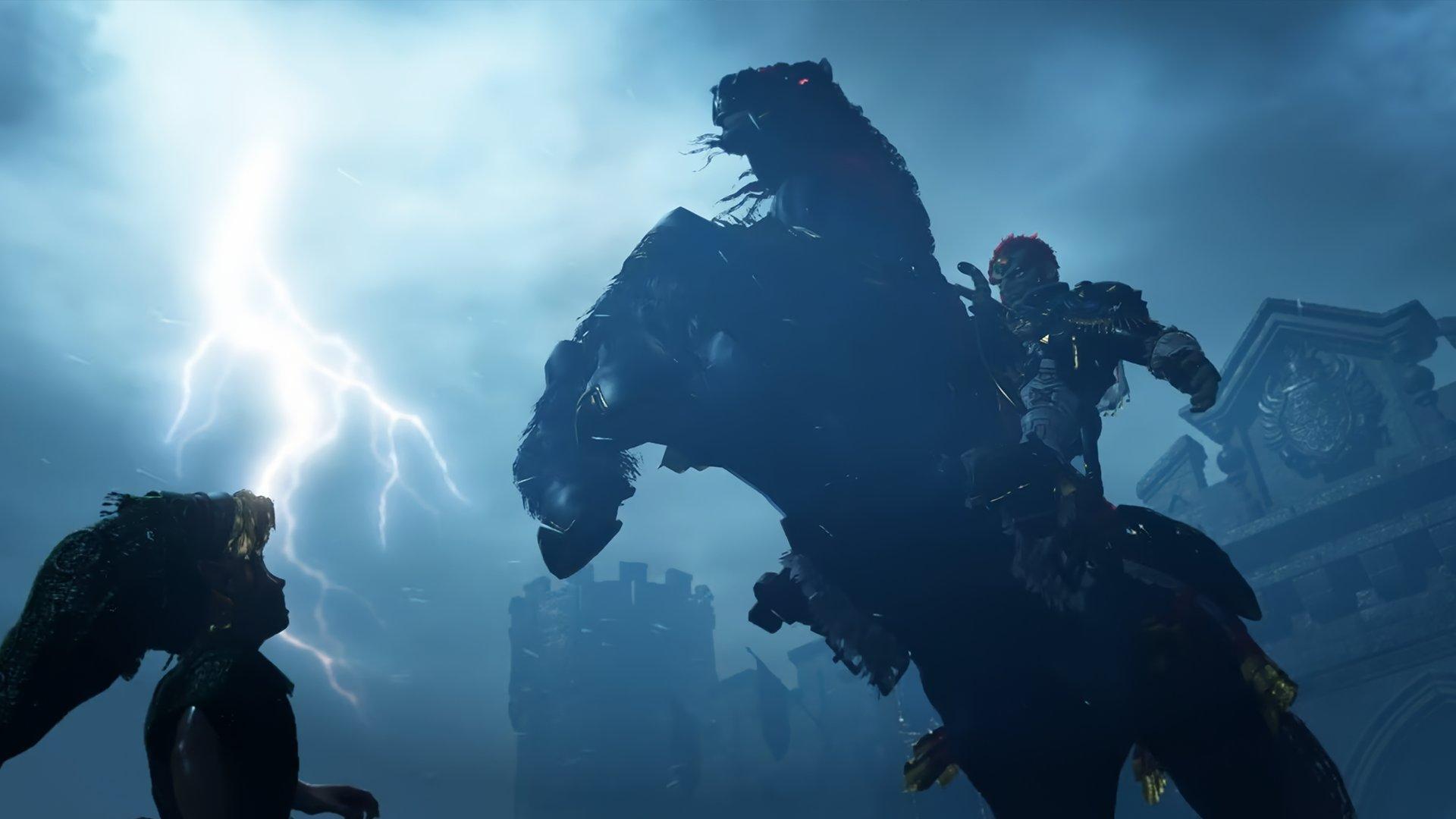 A horse with a rider bucking in front of Link with a lightning strike in the sky behind