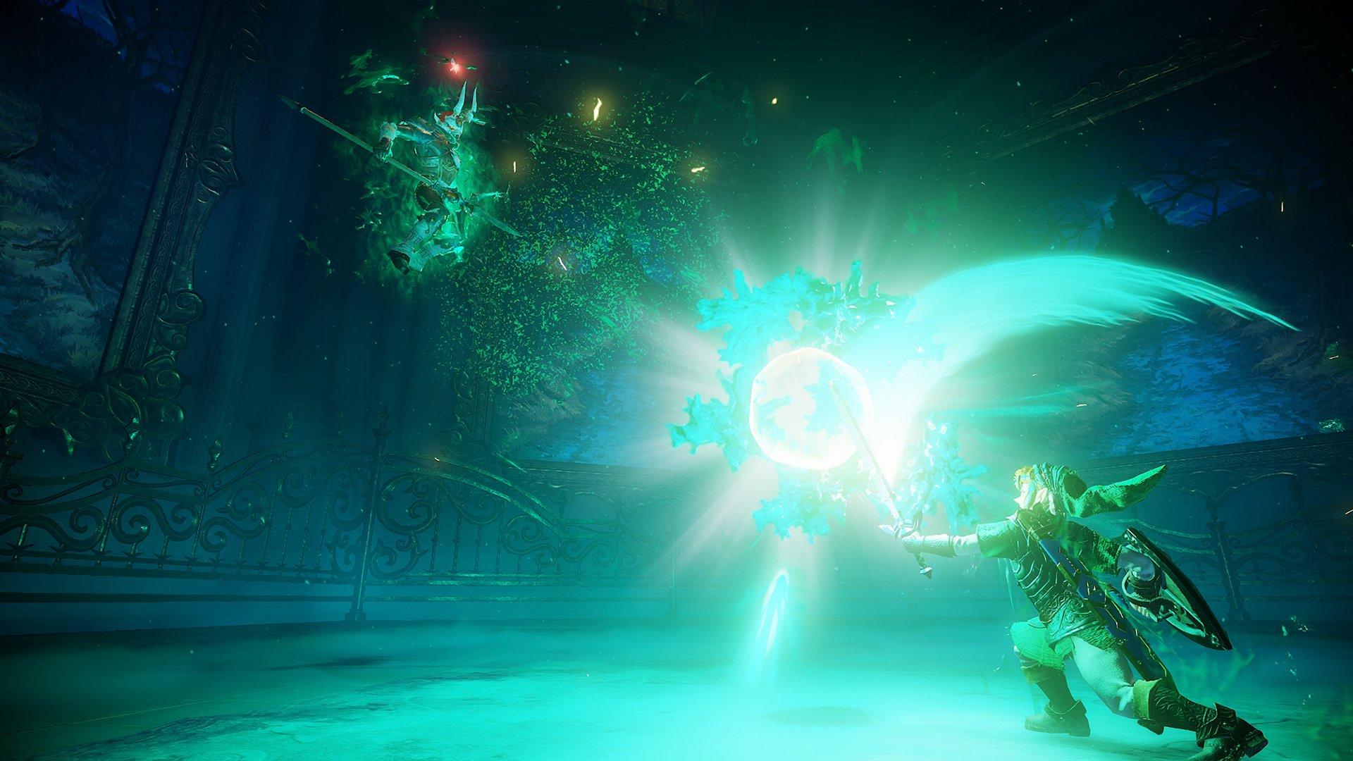 Link holding a sword in front of glowing orb and a floating figure