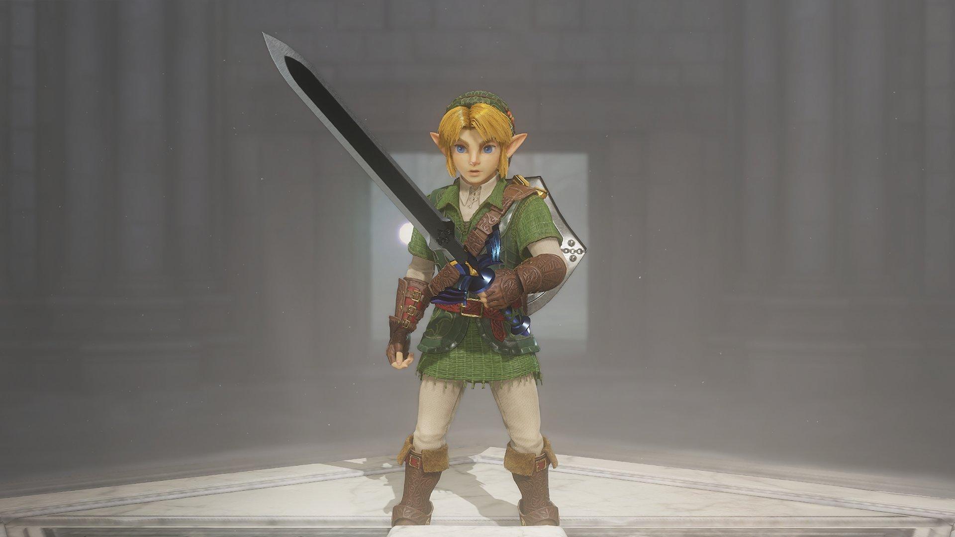 Link holding a large sword whilst standing in a stone room