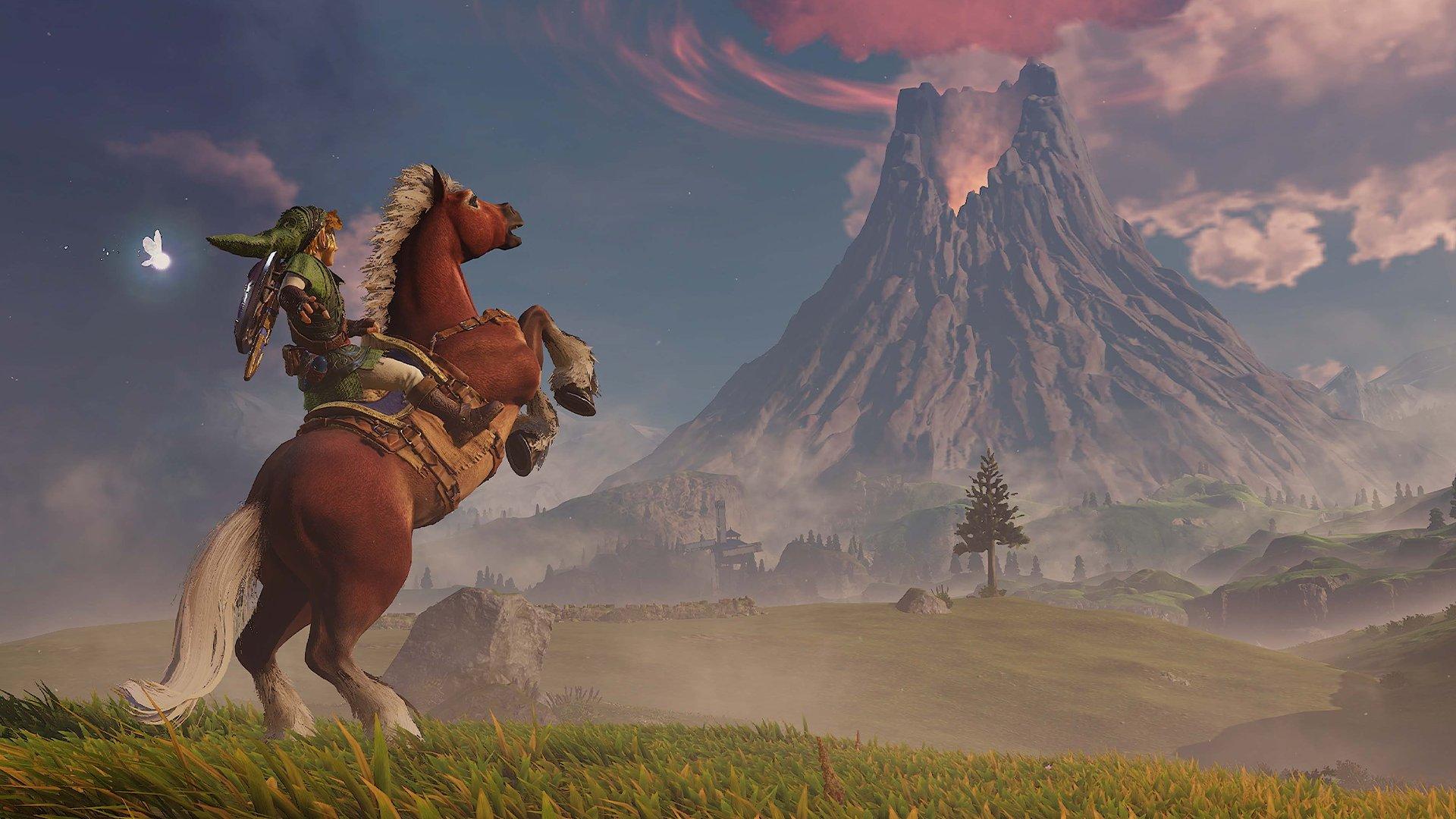 The character Link from Zelda riding a horse that's bucking whilst standing in front of a volcano