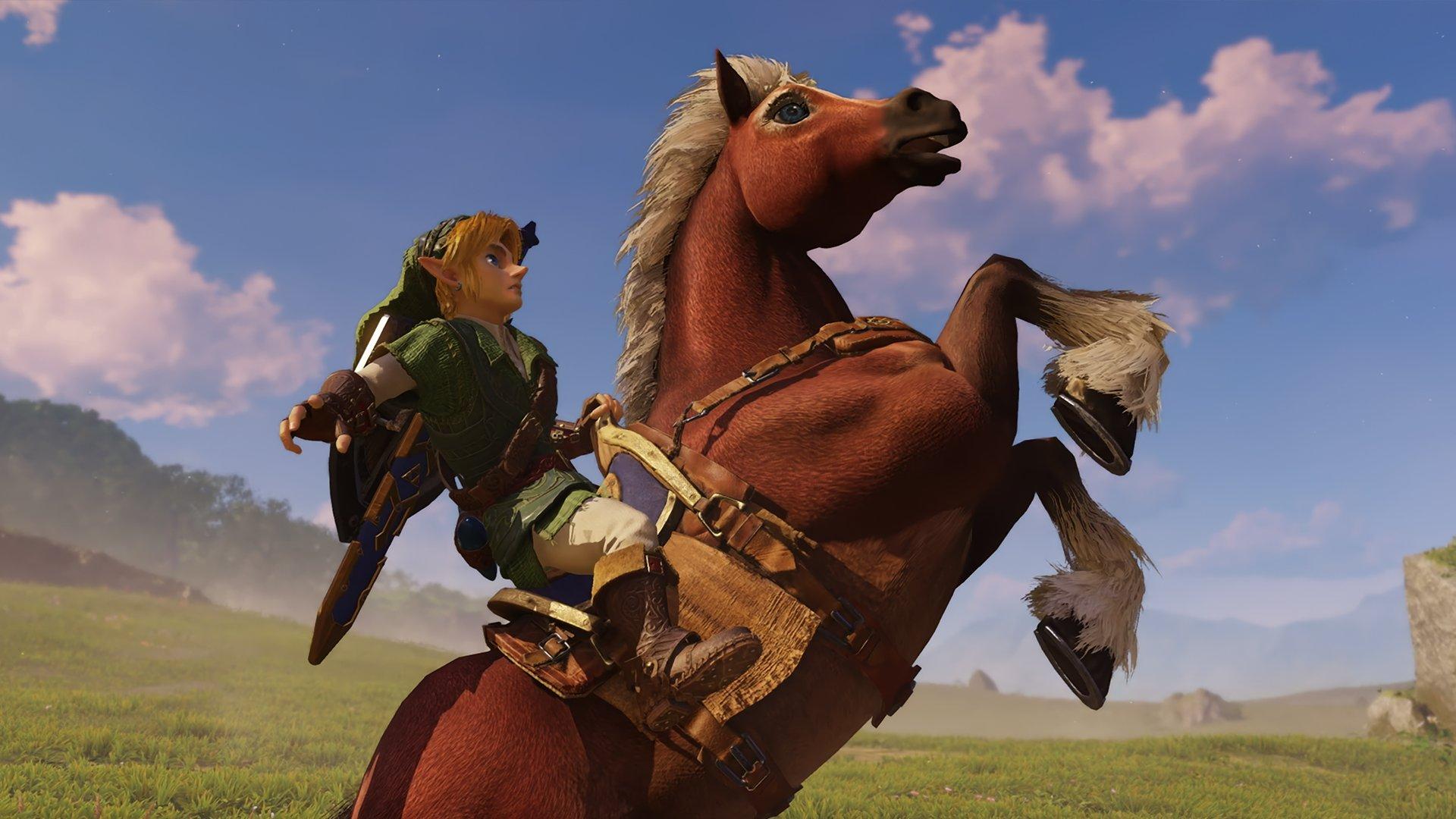 Link riding a hose that's bucking in front of a hill