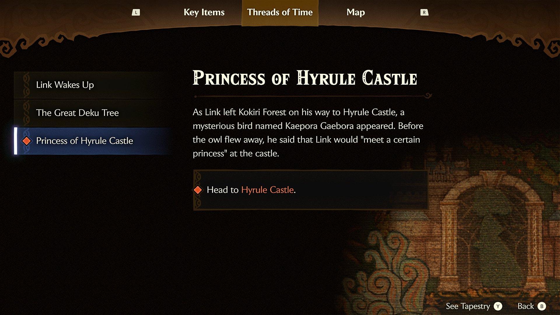 A menu screen from Zelda, with the title Princess of Hyrule Castle and quest instructions