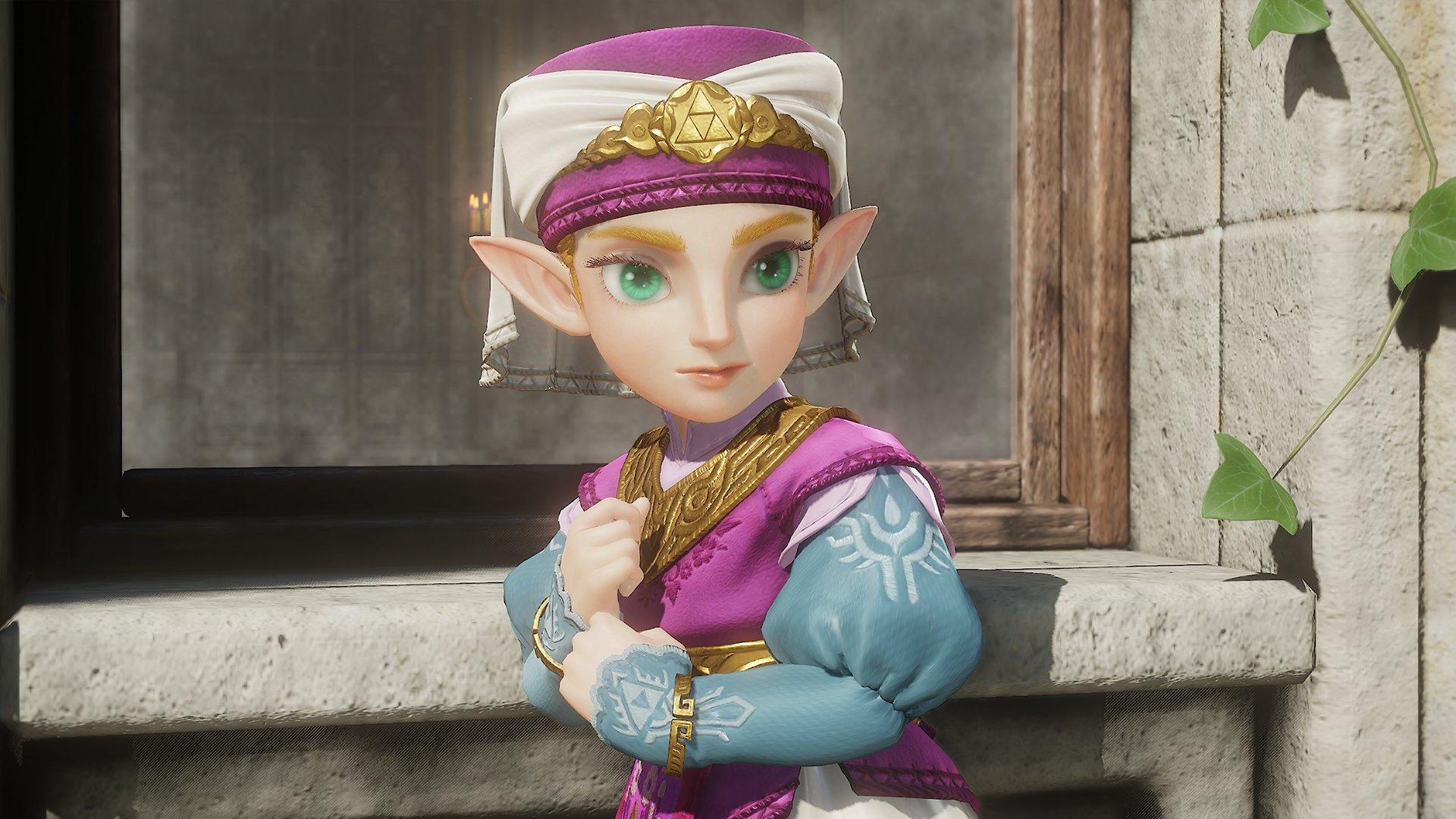 Zelda standing in front of a stone building