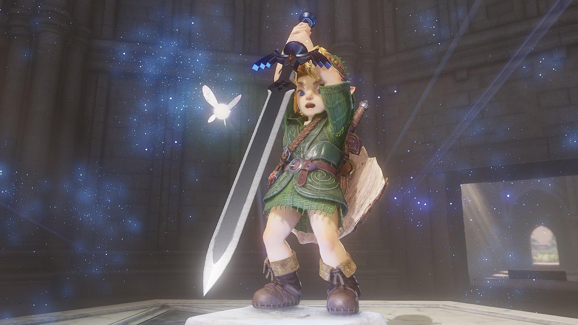 The character Link from Zelda holding a sword whilst surrounded by blue sparkles