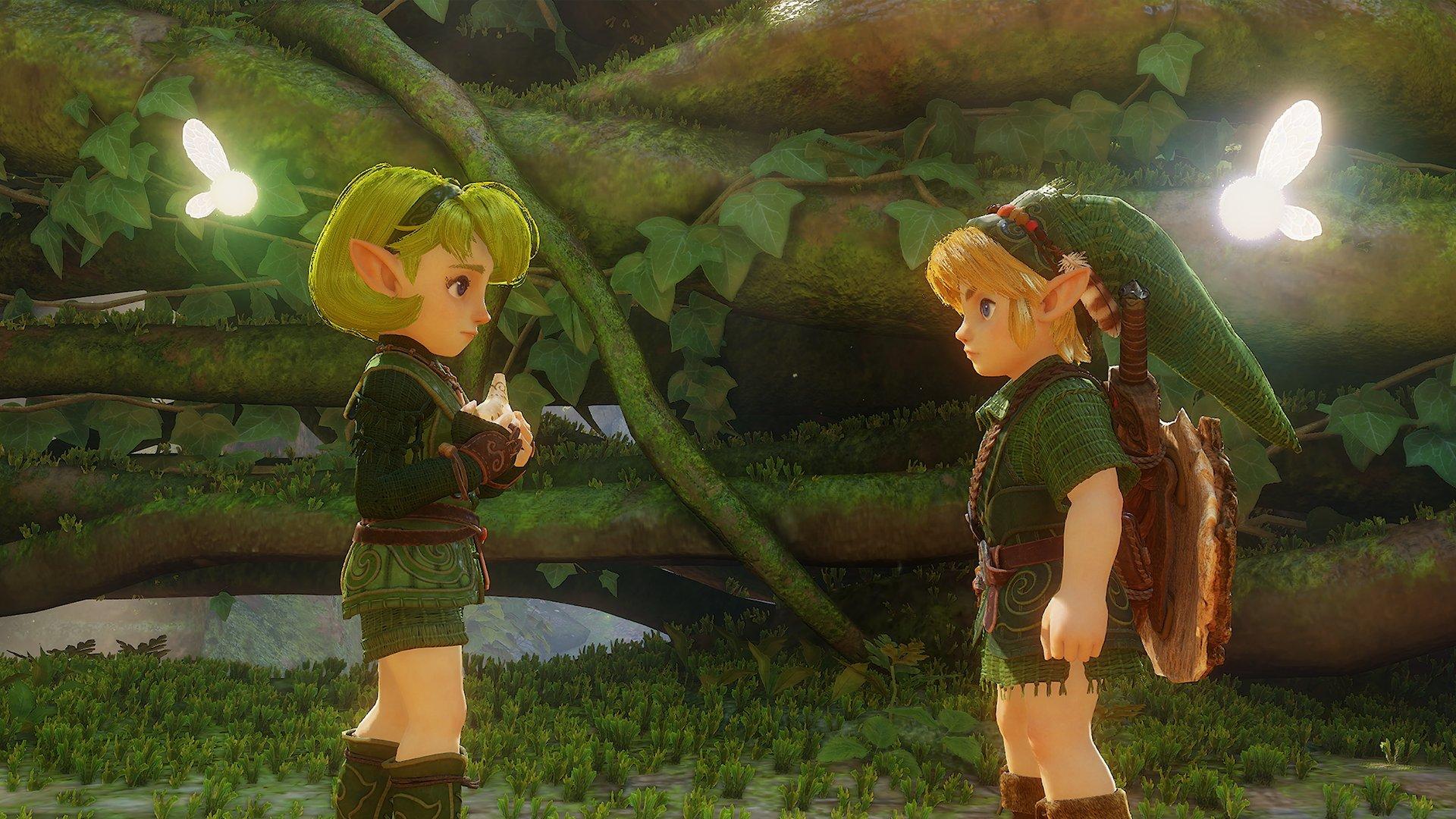 Zelda and Link looking at each other whilst standing in a forest 